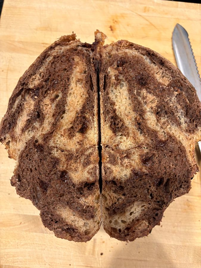 Peanut butter and chocolate swirl sourdough sliced open