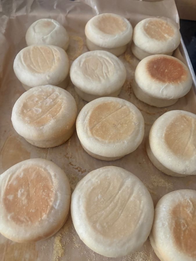 A tray of sourdough English muffins
