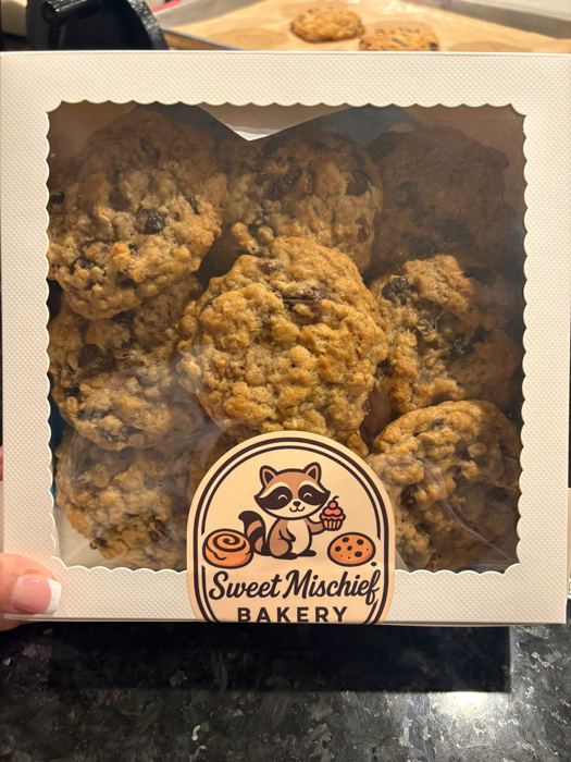Cookies in a box with the raccoon label